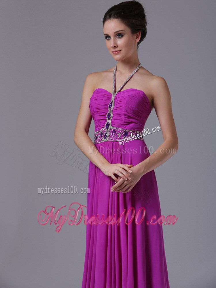 Halter Beaded and Ruched Floor-length Fuchsia Chiffon Prom Dresses with Pleats