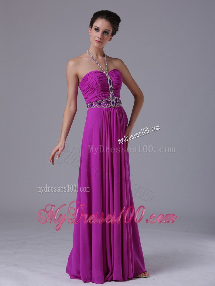 Halter Beaded and Ruched Floor-length Fuchsia Chiffon Prom Dresses with Pleats