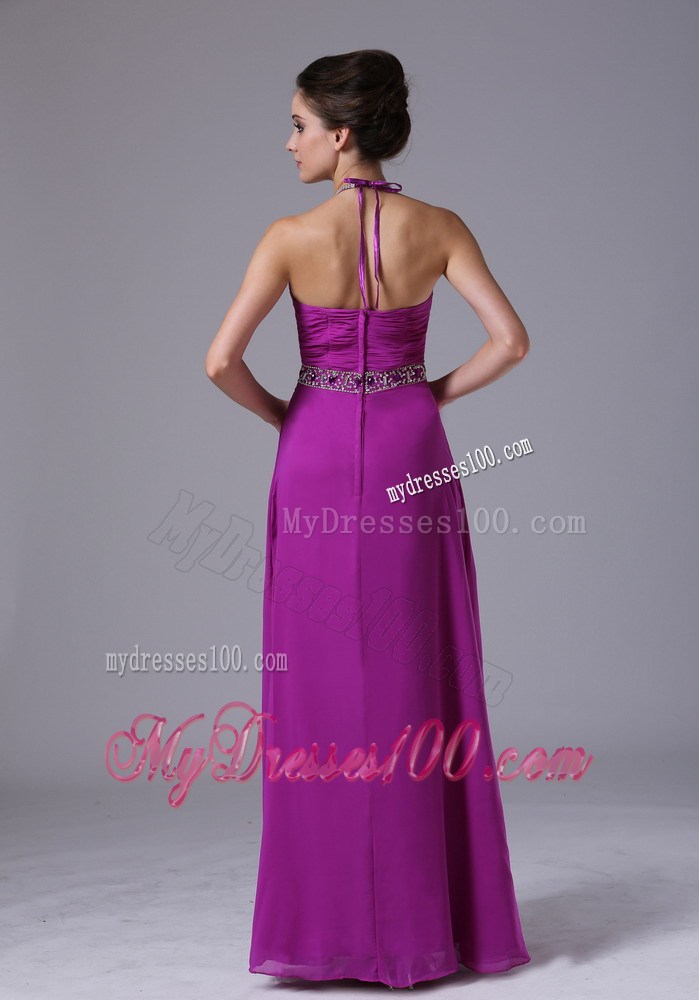 Halter Beaded and Ruched Floor-length Fuchsia Chiffon Prom Dresses with Pleats