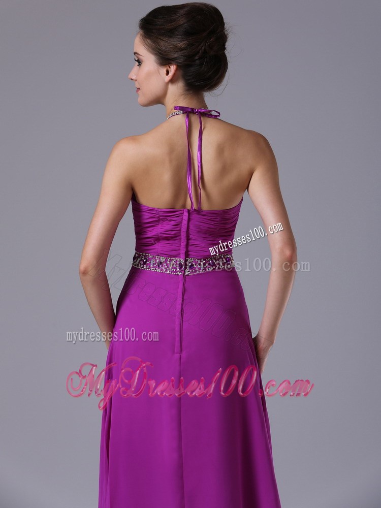 Halter Beaded and Ruched Floor-length Fuchsia Chiffon Prom Dresses with Pleats