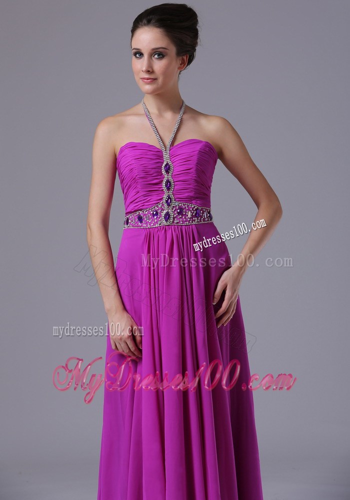 Halter Beaded and Ruched Floor-length Fuchsia Chiffon Prom Dresses with Pleats