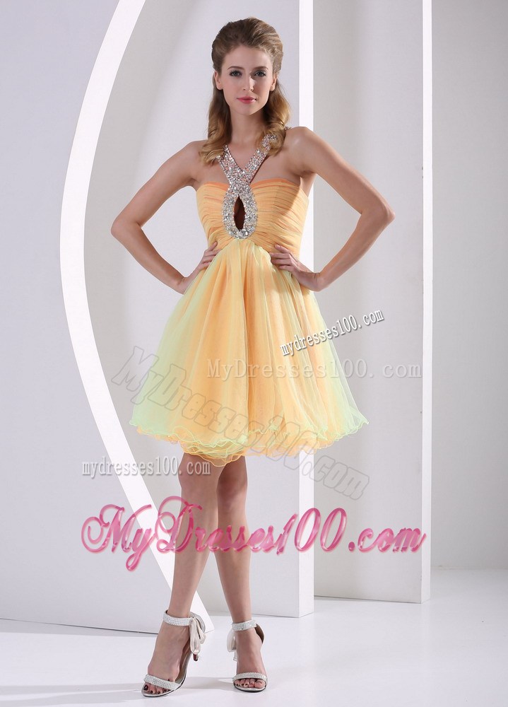 Mini-length Halter Top Beaded Prom Dress with Rhinestones and Cutout