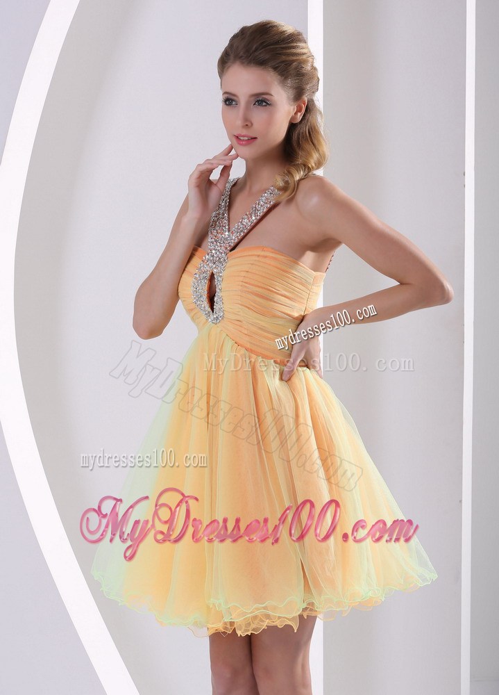 Mini-length Halter Top Beaded Prom Dress with Rhinestones and Cutout