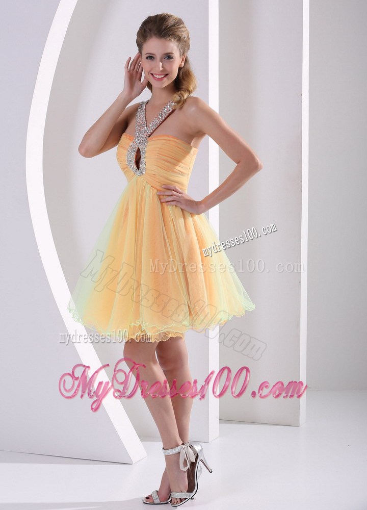 Mini-length Halter Top Beaded Prom Dress with Rhinestones and Cutout