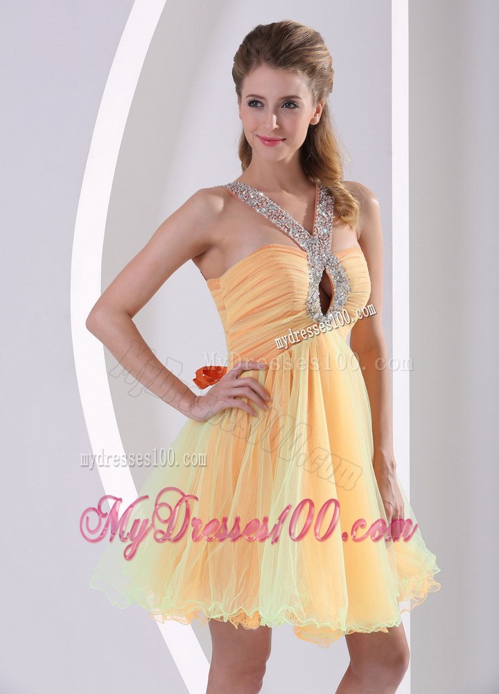 Mini-length Halter Top Beaded Prom Dress with Rhinestones and Cutout
