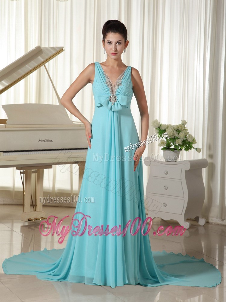 V-neck Hand Made Flower Decorated Bust for Brush Train Aqua Blue Prom Gown