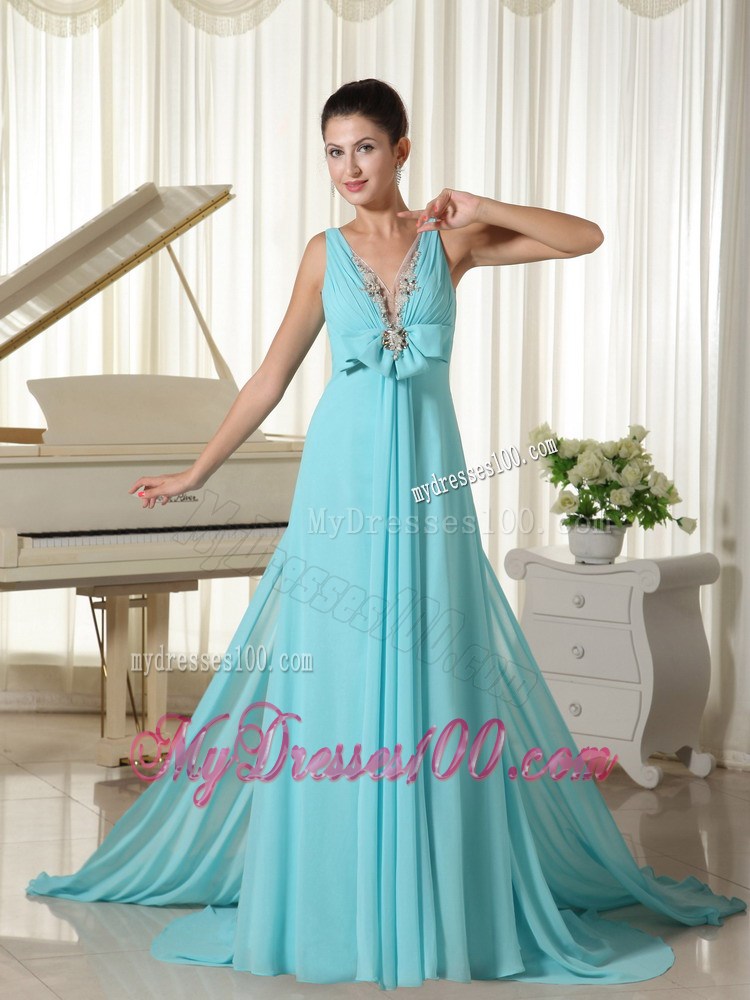 V-neck Hand Made Flower Decorated Bust for Brush Train Aqua Blue Prom Gown