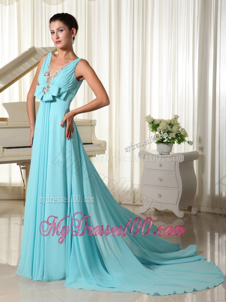 V-neck Hand Made Flower Decorated Bust for Brush Train Aqua Blue Prom Gown