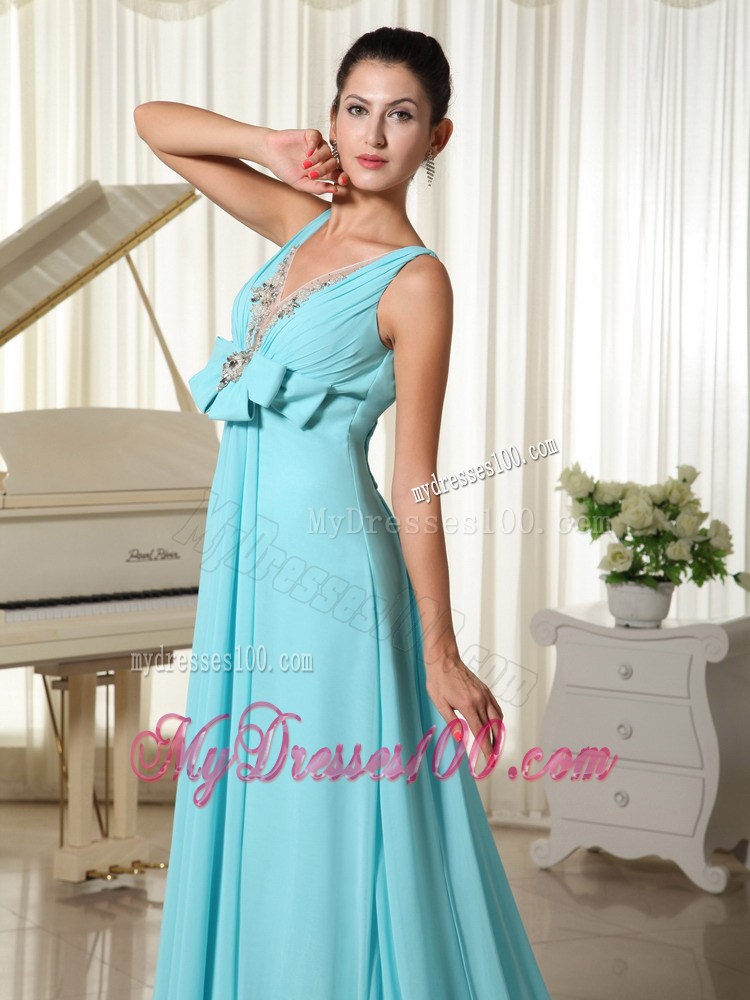 V-neck Hand Made Flower Decorated Bust for Brush Train Aqua Blue Prom Gown