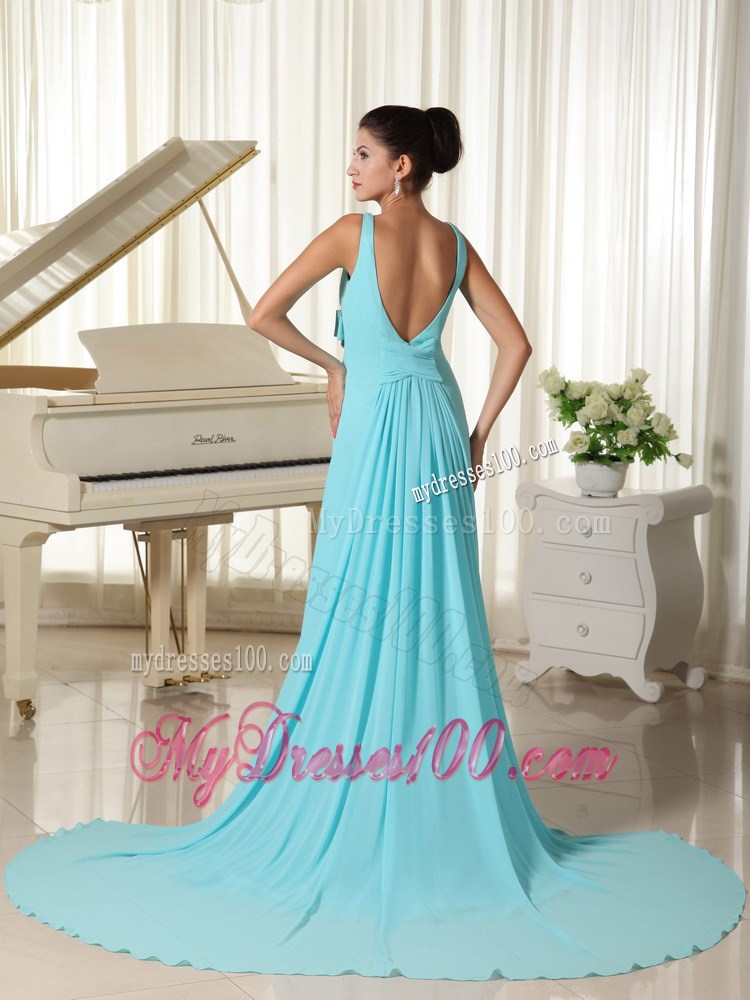 V-neck Hand Made Flower Decorated Bust for Brush Train Aqua Blue Prom Gown
