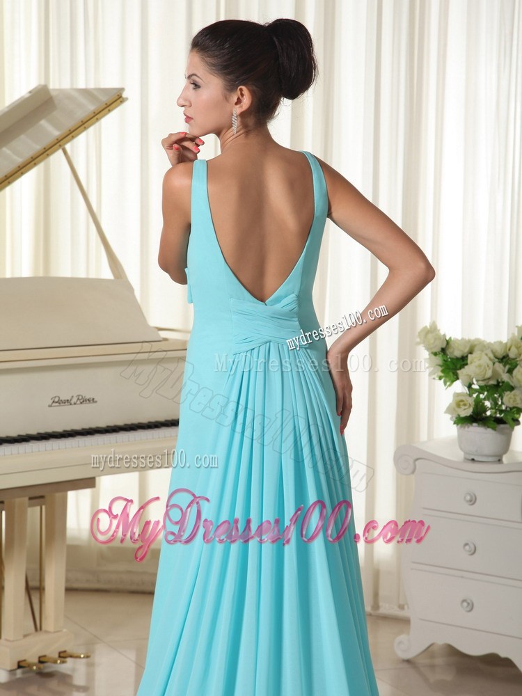 V-neck Hand Made Flower Decorated Bust for Brush Train Aqua Blue Prom Gown