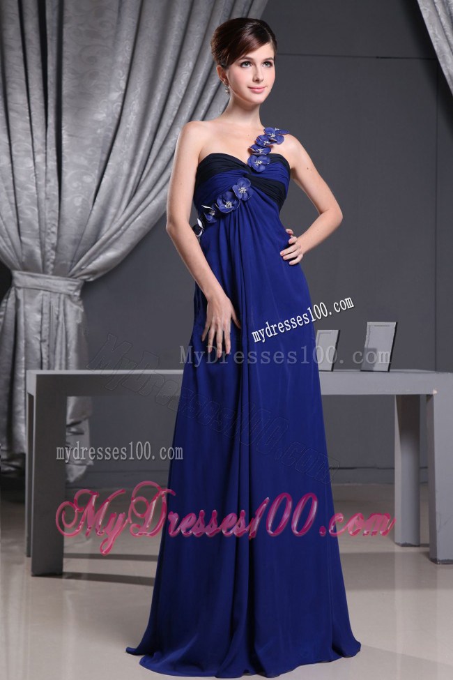 Hand Made Flowers Decorated One Shoulder Prom Party Dress in Blue