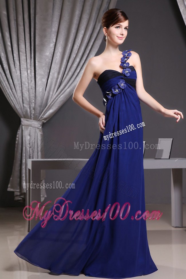 Hand Made Flowers Decorated One Shoulder Prom Party Dress in Blue