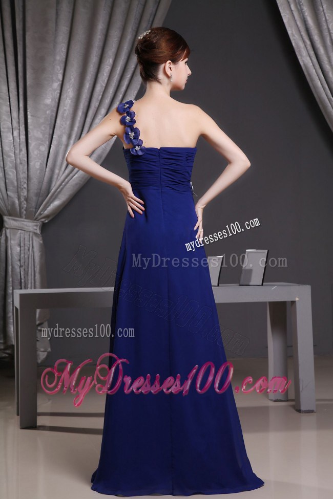 Hand Made Flowers Decorated One Shoulder Prom Party Dress in Blue