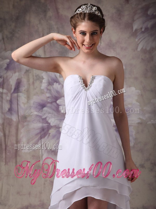 Cheap White Chiffon Prom Dresses with Beading and Front Short Back Long