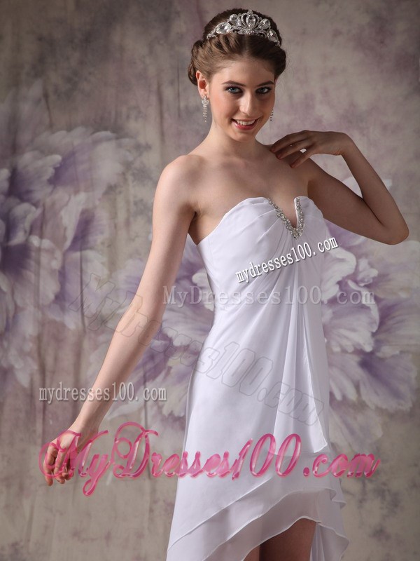 Cheap White Chiffon Prom Dresses with Beading and Front Short Back Long