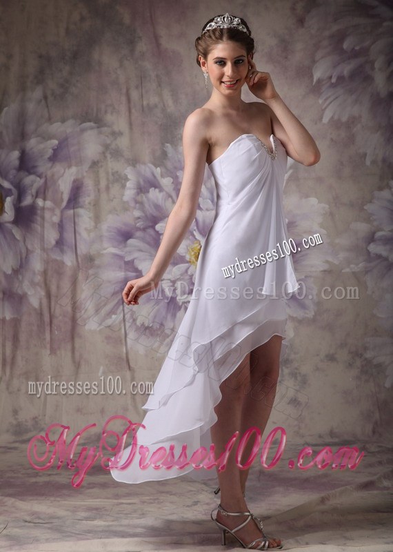 Cheap White Chiffon Prom Dresses with Beading and Front Short Back Long