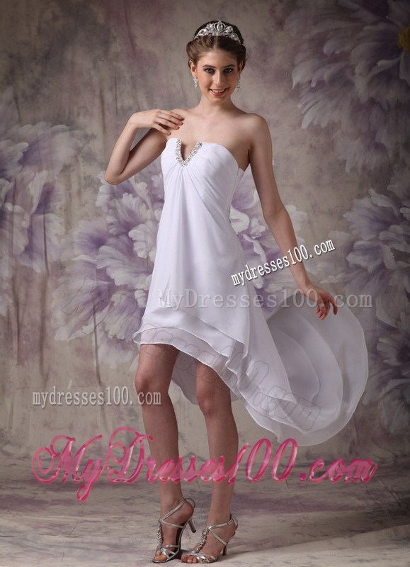 Cheap White Chiffon Prom Dresses with Beading and Front Short Back Long