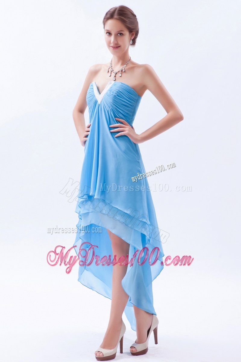 Beading Decorate V-neck for Layered High-low Prom Dresses in Baby Blue