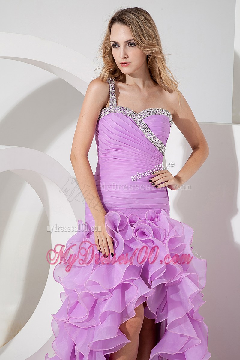Lavender Column Shoulder High-low Prom Party Dress with Ruffled Layers