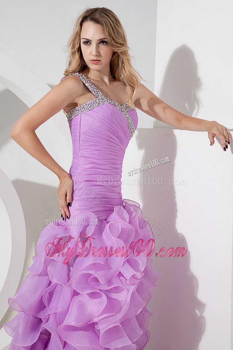 Lavender Column Shoulder High-low Prom Party Dress with Ruffled Layers