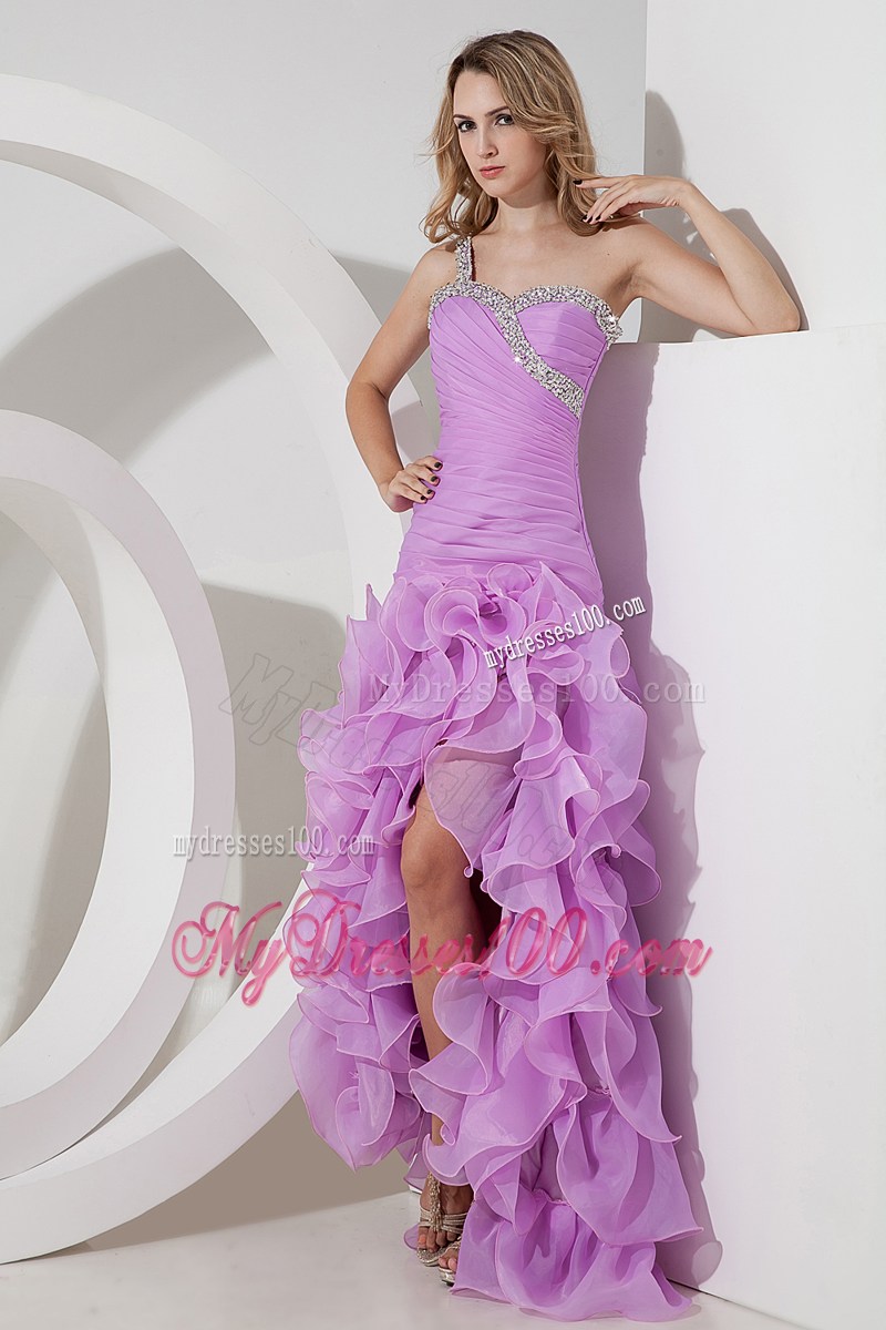 Lavender Column Shoulder High-low Prom Party Dress with Ruffled Layers