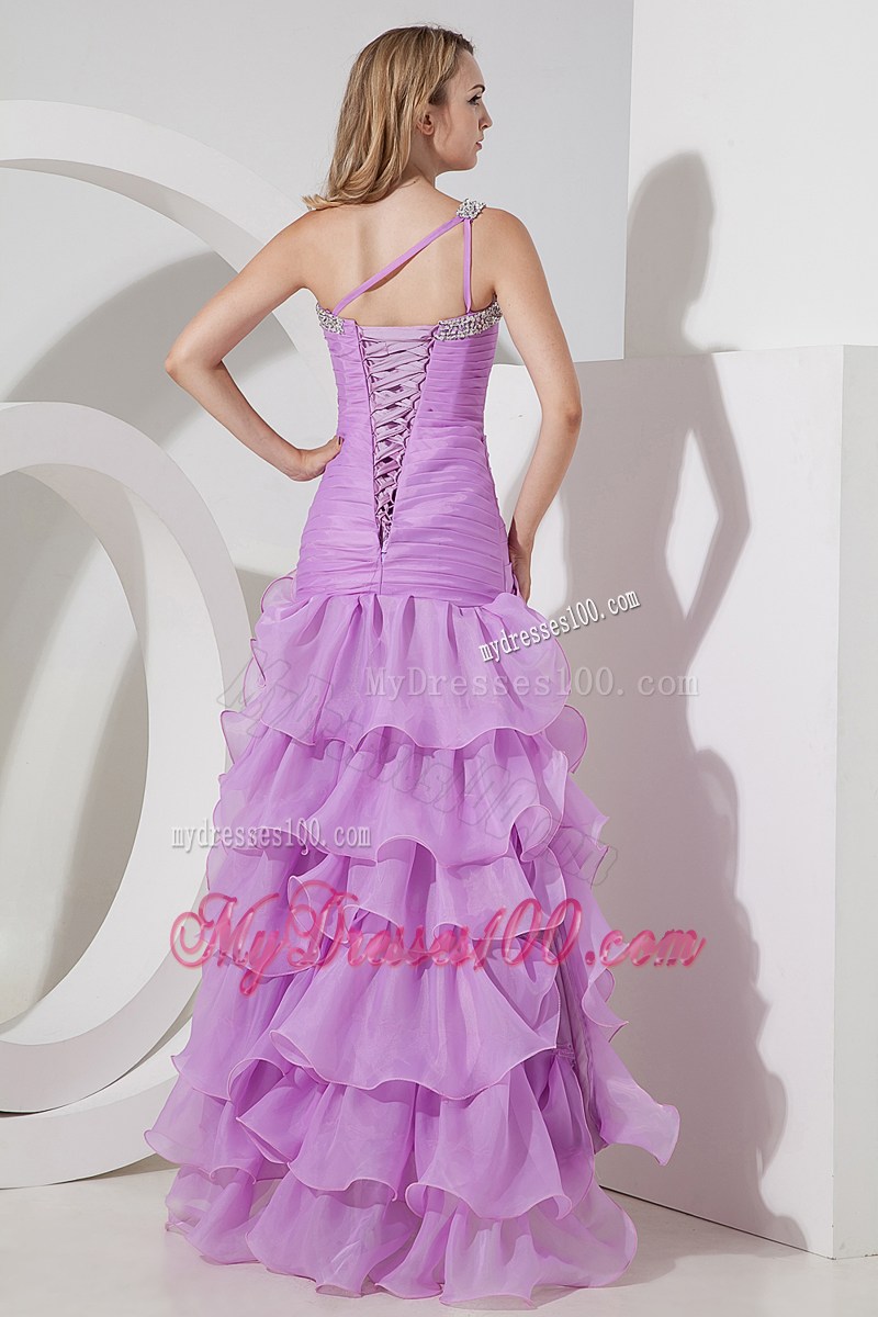 Lavender Column Shoulder High-low Prom Party Dress with Ruffled Layers