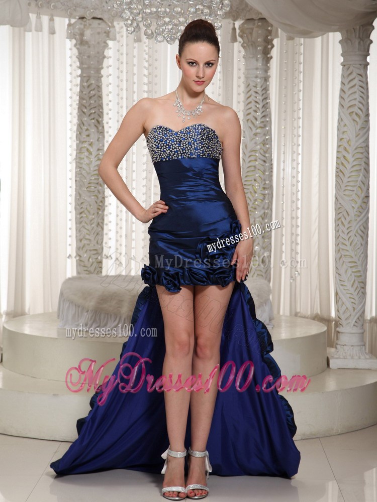 Royal Blue High-low Beaded Prom Dresses with Flowers and Pick-ups