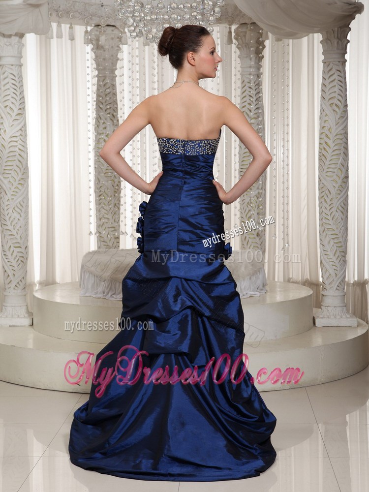 Royal Blue High-low Beaded Prom Dresses with Flowers and Pick-ups