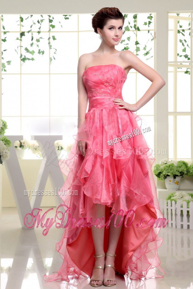 High-low Coral Red Prom Dress with Beading and Rufflers Layers