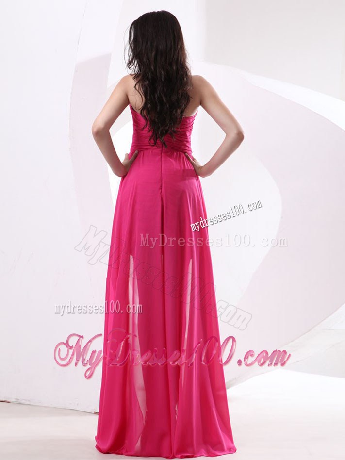 High-low Hot Pink Prom Dress with Ruched Bodice and Beading