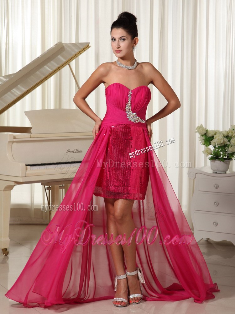 High-low Custom Made Beaded Coral Red Evening Dress with Sequins