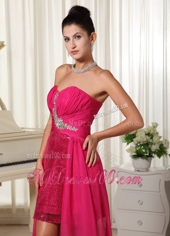 High-low Custom Made Beaded Coral Red Evening Dress with Sequins