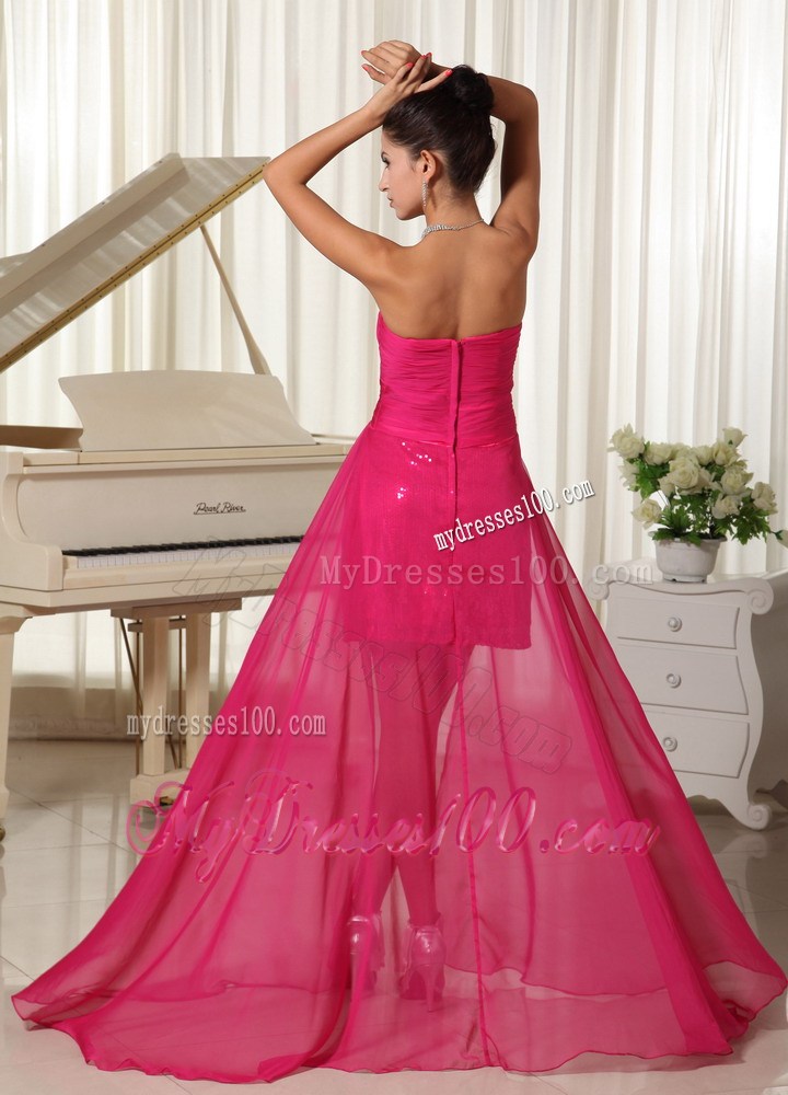 High-low Custom Made Beaded Coral Red Evening Dress with Sequins