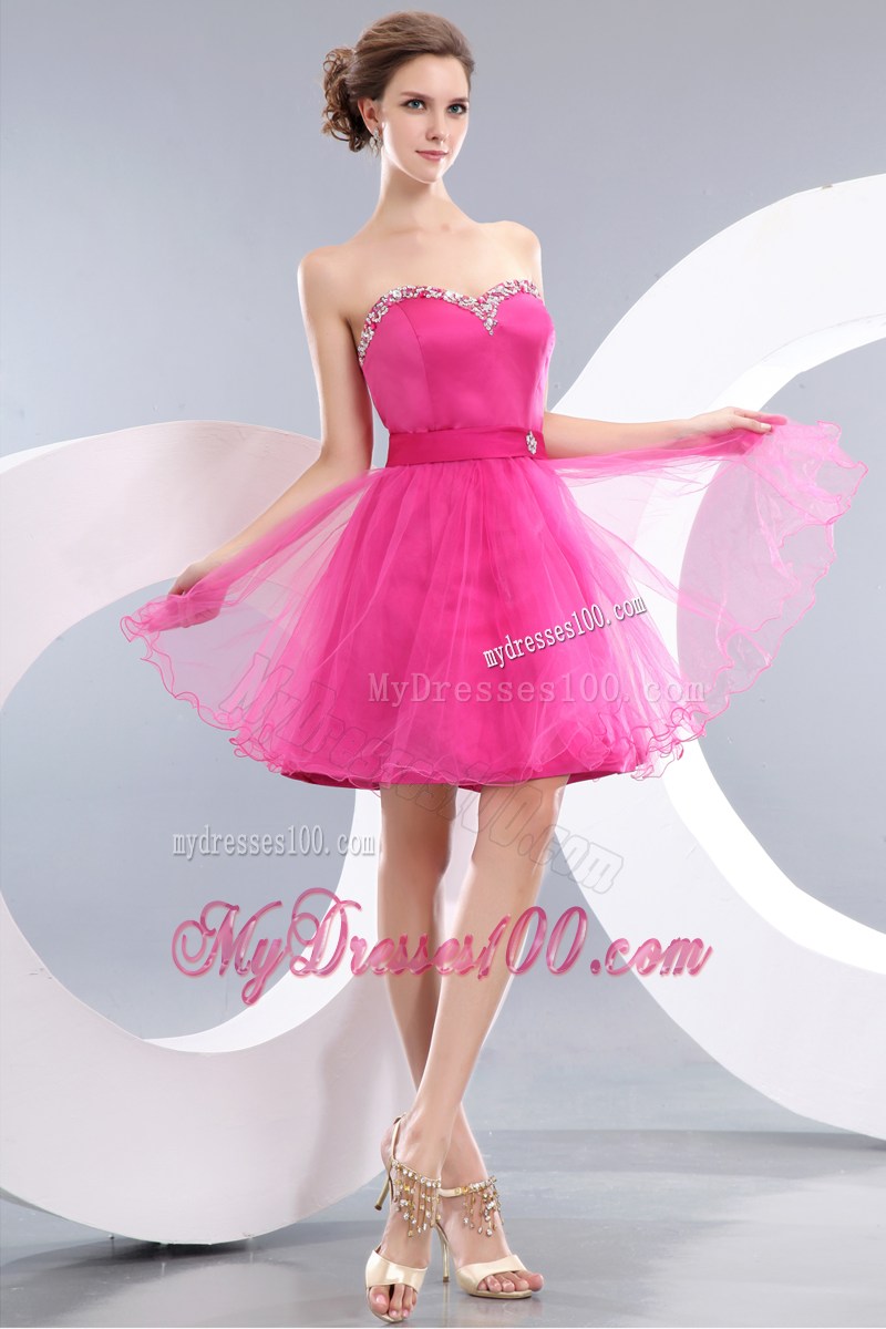 Strapless A-line Sweetheart Beading Decorate Dress for Prom in Hot Pink