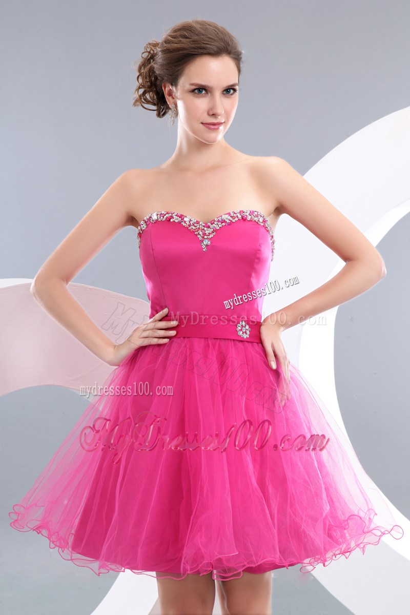 Strapless A-line Sweetheart Beading Decorate Dress for Prom in Hot Pink