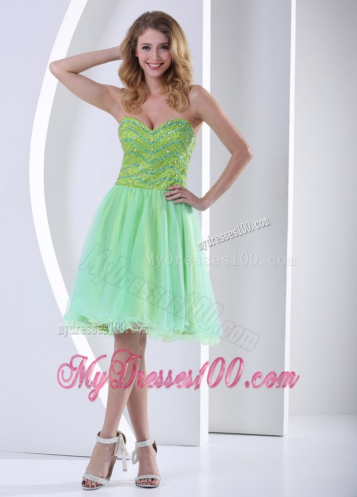 Beaded Decorate Bust Yellow Green Sweetheart Knee-Length Prom gown Dress