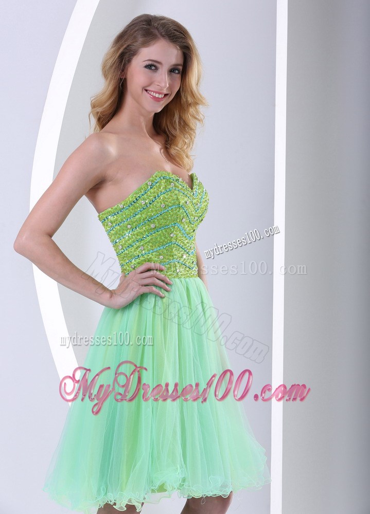 Beaded Decorate Bust Yellow Green Sweetheart Knee-Length Prom gown Dress