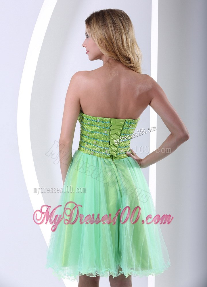 Beaded Decorate Bust Yellow Green Sweetheart Knee-Length Prom gown Dress