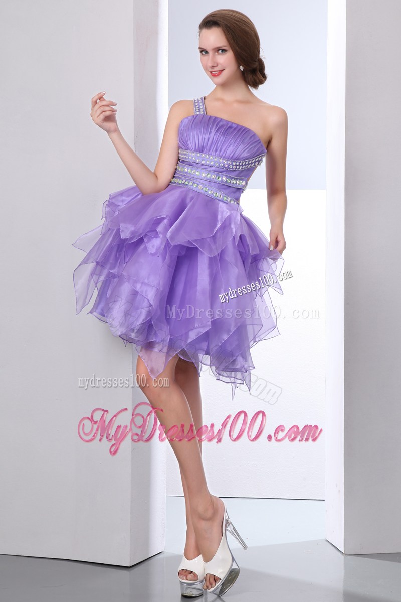 Rhinestones and Ruffles for Lavender One Shoulder Short Prom Gown with Back Out