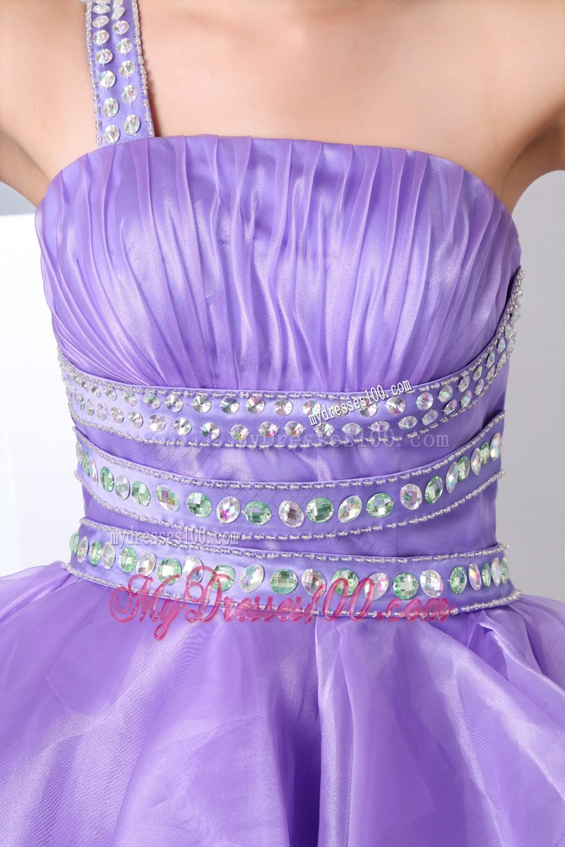 Rhinestones and Ruffles for Lavender One Shoulder Short Prom Gown with Back Out