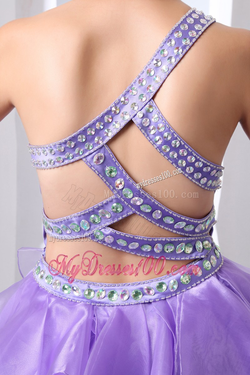 Rhinestones and Ruffles for Lavender One Shoulder Short Prom Gown with Back Out
