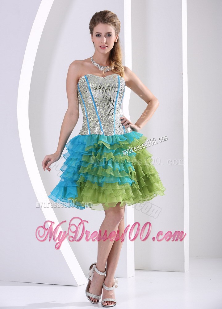 Multi-color Ruched Layered Beaded Decorate Prom Dress with Paillettes