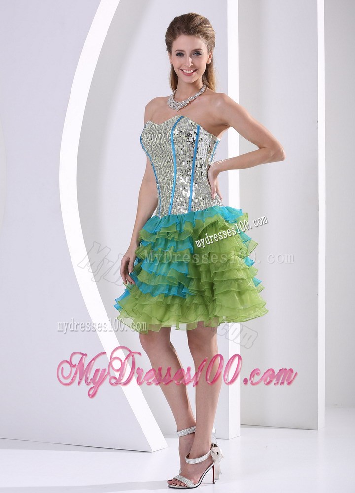 Multi-color Ruched Layered Beaded Decorate Prom Dress with Paillettes