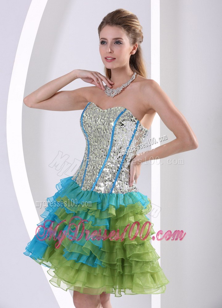 Multi-color Ruched Layered Beaded Decorate Prom Dress with Paillettes