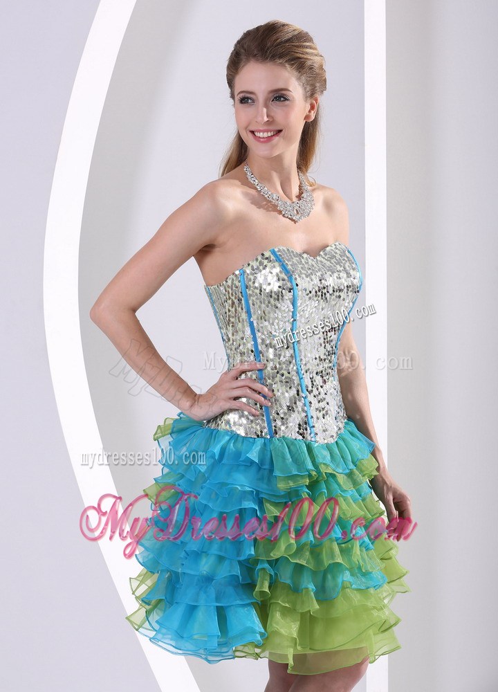 Multi-color Ruched Layered Beaded Decorate Prom Dress with Paillettes