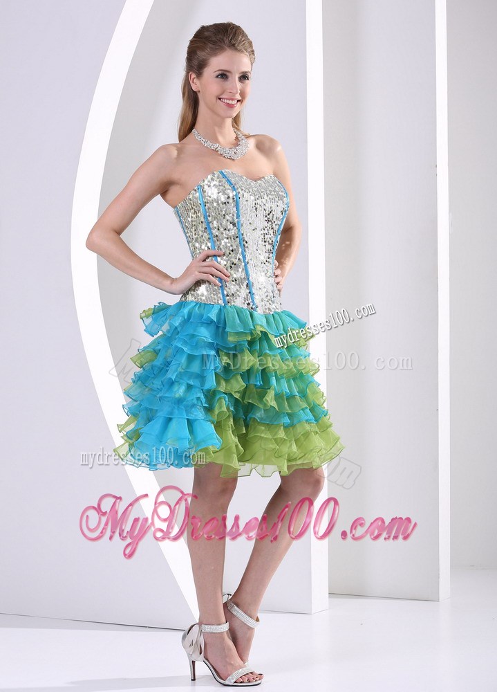 Multi-color Ruched Layered Beaded Decorate Prom Dress with Paillettes
