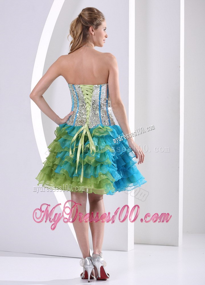 Multi-color Ruched Layered Beaded Decorate Prom Dress with Paillettes