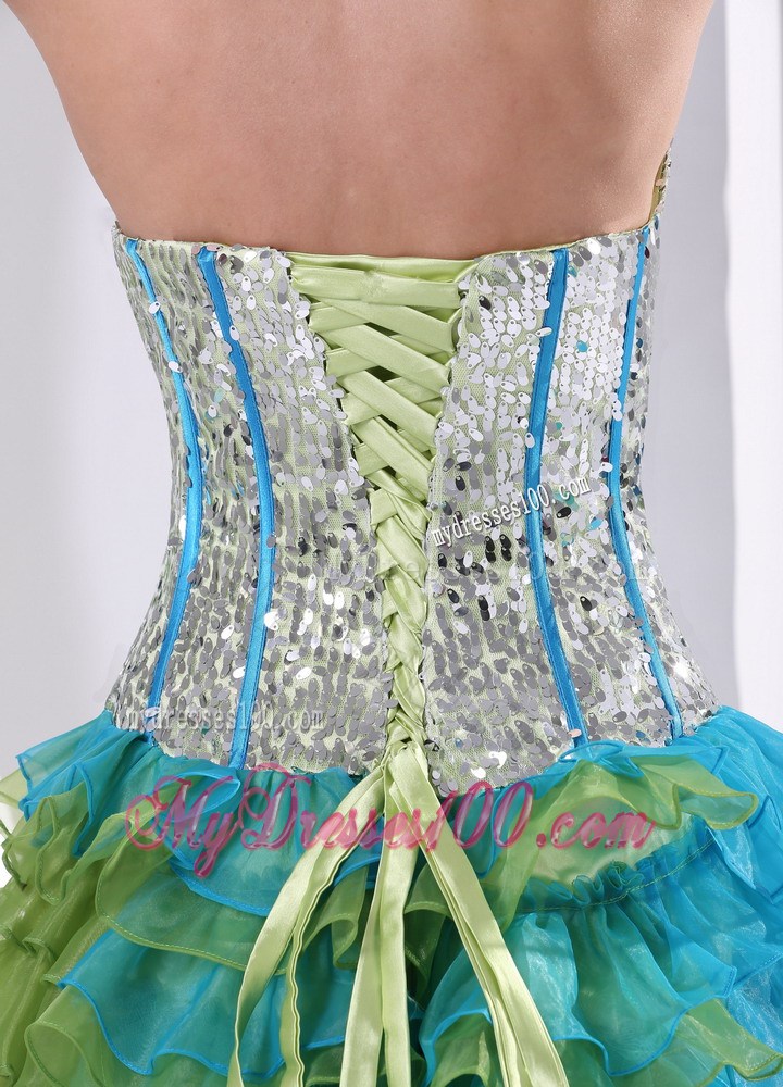 Multi-color Ruched Layered Beaded Decorate Prom Dress with Paillettes