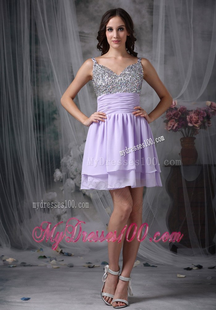 Mini-length Straps Lilac Chiffon Prom Dress with Ruches and Sequins